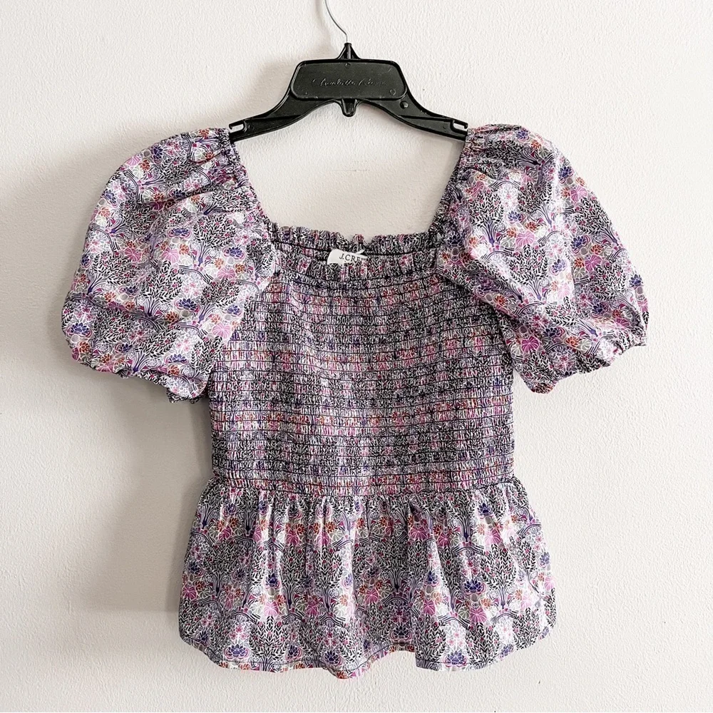 J Crew Smocked Sqareneck Organic Cotton Top Liberty Club Nouveau Purple Floral S